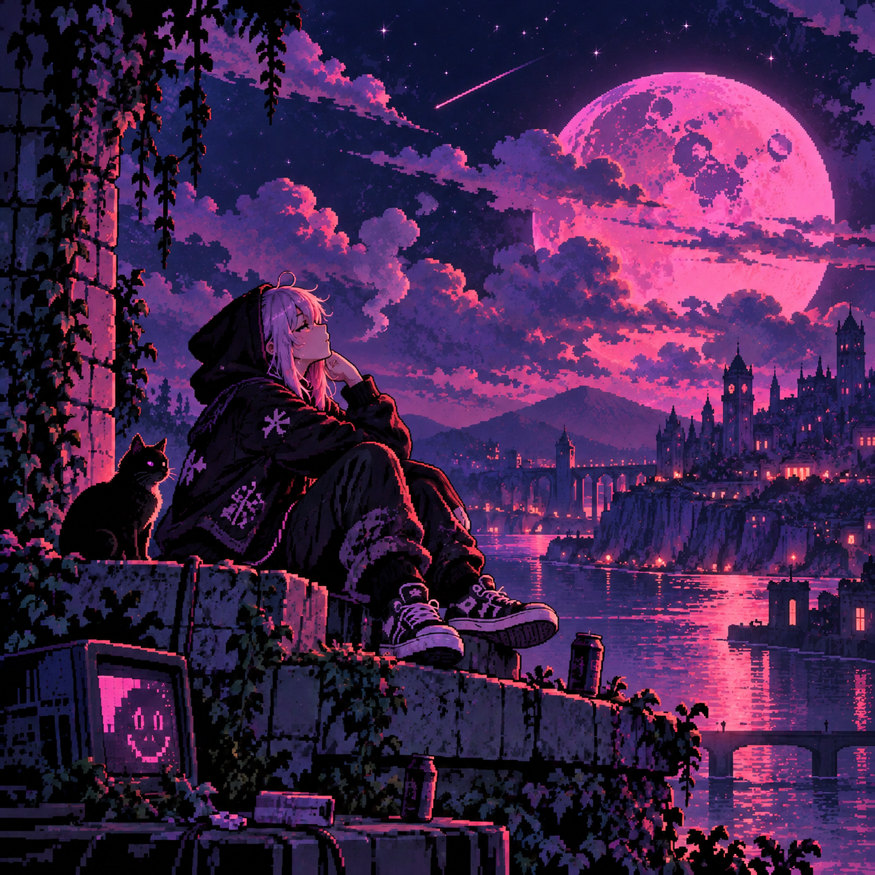 A quiet, hooded soul sits beneath a pink moon above a distant city